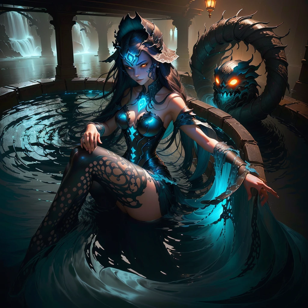 A water spirit is an unpleasant-looking water spirit that lives in whirlpools and watermills. high resolution, hyperrealism, raw ultraHDR, 32k. masterpiece, Best quality, (чрезвычайно подробные обои CG Unity 8k), (Best quality), (best illustration), (best shadow), absurdity, realistic lighting, (abyss), beautiful detailed glow, art by Peter MohrBacher,