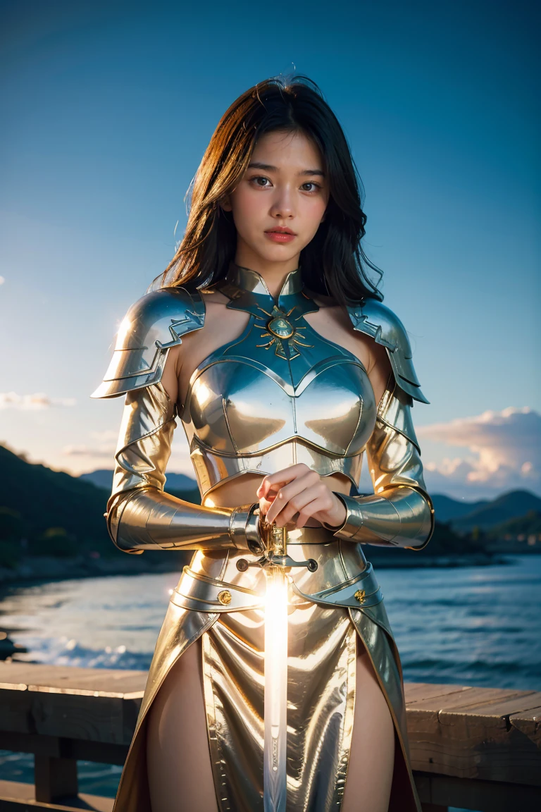 (masterpiece, best quality), A paladin holding a light infused sword, light magic, divine, magewave, silver and gold, 4k, dark cityscape, Fujifilm