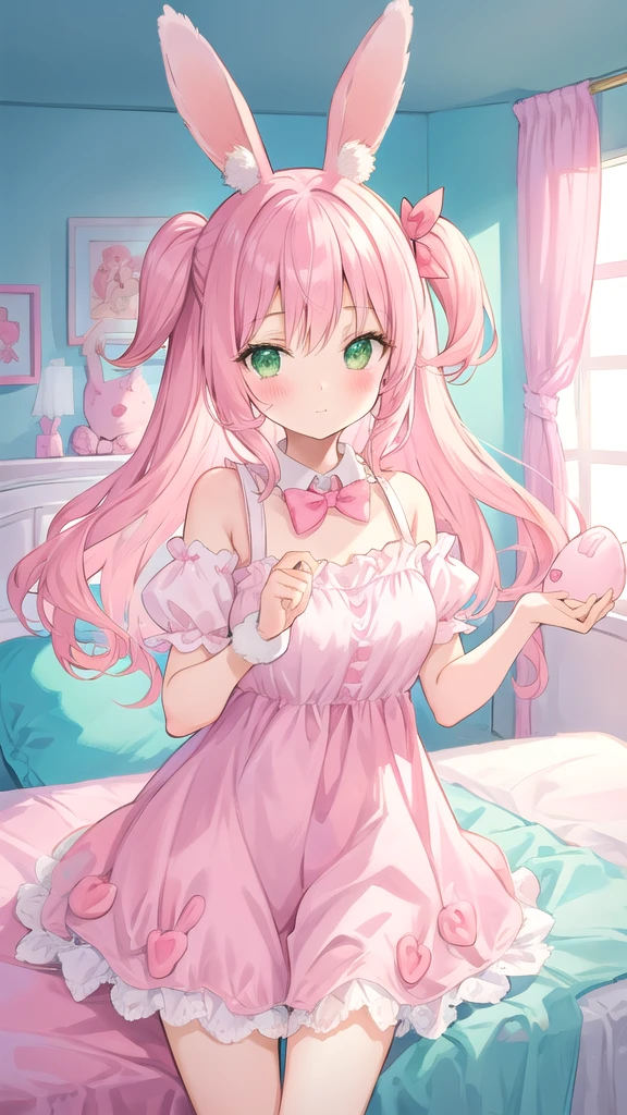 beautiful illustration, best quality, cute girl, bedroom, pastel color, fluffy bunny ears pink, , long faded pink hair, rabbit stuffed toy, bright lighting, light green eyes