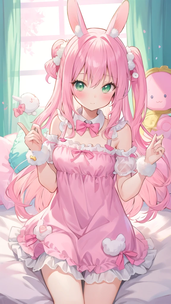 beautiful illustration, best quality, cute girl, bedroom, pastel color, fluffy bunny ears pink, , long faded pink hair, rabbit stuffed toy, bright lighting, light green eyes
