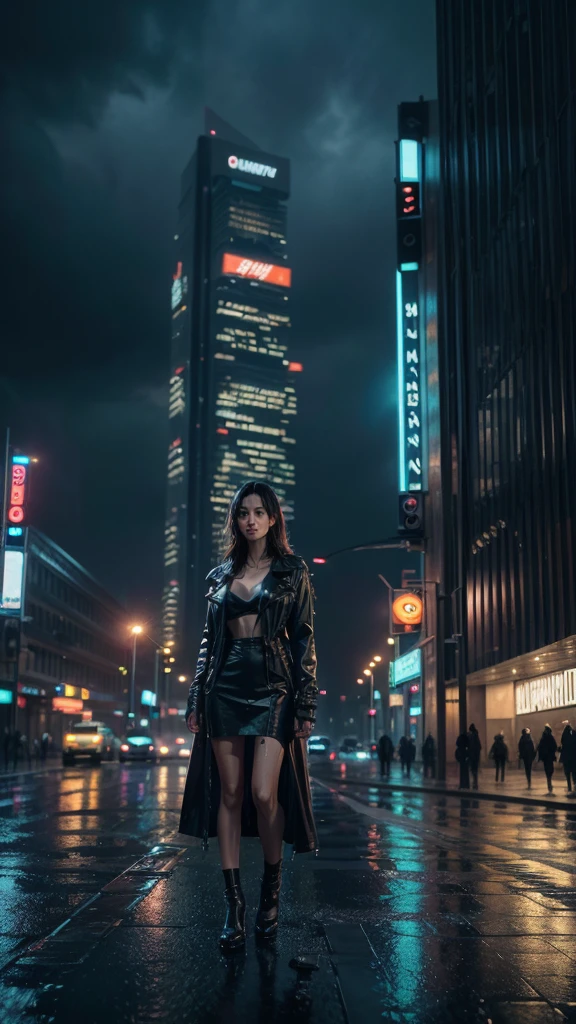a futuristic cityscape with skyscrapers, neon lights, wet asphalt roads, 1girl,beautiful detailed eyes,beautiful detailed lips,extremely detailed eyes and face,longeyelashes,raining,moody lighting,cinematic,dramatic,high contrast,muted colors,moody atmosphere,(best quality,8k,highres,masterpiece:1.2),ultra-detailed,(realistic,photorealistic,photo-realistic:1.37),cinematic composition,dramatic lighting,moody colors,muted palette,neon signs,futuristic architecture,wet reflective surfaces,rainy weather