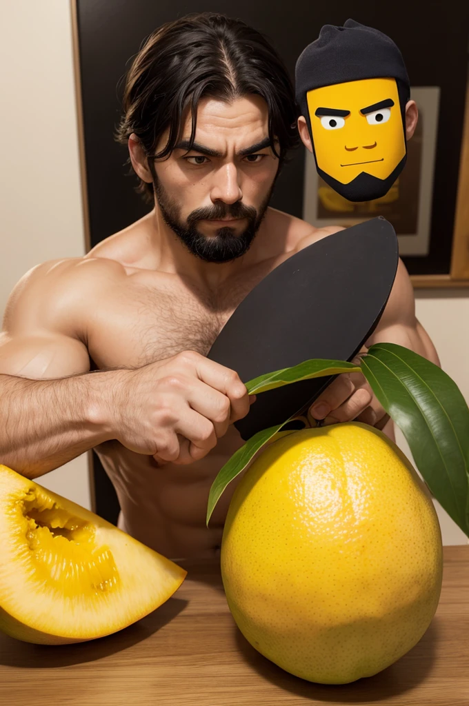 Strong man looking after a mango with 2D face