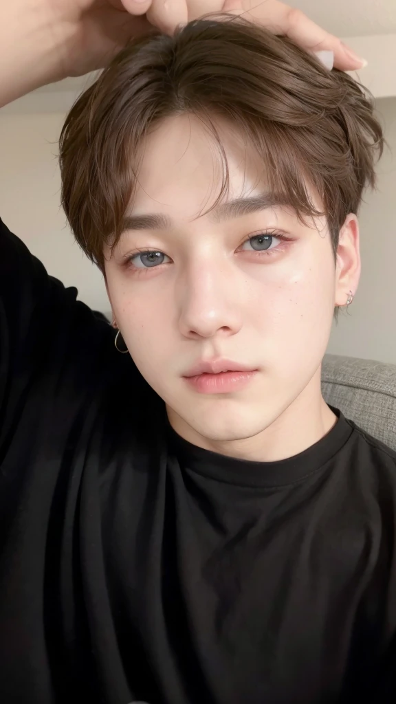 There is a man in a black shirt and a black shirt., pale korean adorable face, Jeon jungkook, jungkook\full lips, inspirado en Jeon jungkook, light eyes, intriguing and penetrating., captured on canon eos r 6, jungkook, Jimin, inspired by jeon jungkook, pale man with freckles and detailed blue eyes, Jeon jungkook con piercings, brown haired jungkook, jungkook\full lips, very very low quality image, Jeon jungkook, pale korean adorable face. Man with detailed gray eyes. pink lips. jungkook con pecas y piel pálida