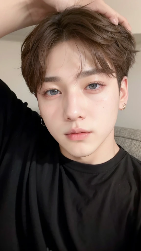 There is a man in a black shirt and a black shirt., pale korean adorable face, Jeon jungkook, jungkook\full lips, inspirado en Jeon jungkook, light eyes, intriguing and penetrating., captured on canon eos r 6, jungkook, Jimin, inspired by jeon jungkook, pale man with freckles and detailed blue eyes, Jeon jungkook con piercings, brown haired jungkook, jungkook\full lips, very very low quality image, Jeon jungkook, pale korean adorable face. Man with detailed gray eyes. pink lips. jungkook con pecas y piel pálida