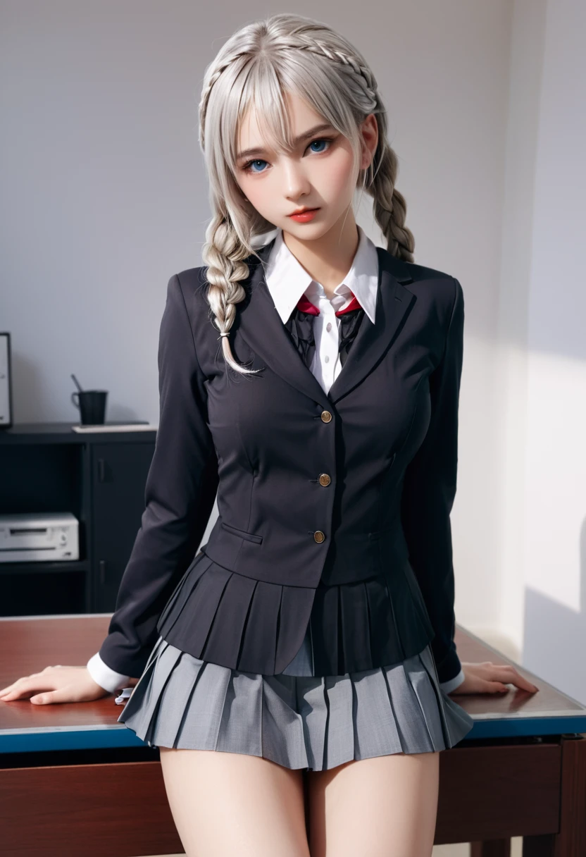 "1 girl, incredibly detailed 8k computer graphics, perfect model, mesmerizing idol, Stunning face, unearthly beauty, virgin white hair, ring braids, Charming Blue Eyes, Kakegurui , red blazer, White shirt, pleated gray skirt, brown tights, sat on the table , whole body, legs spread, pussy visible, thong mesh, unbutton your shirt, bare chest, Background room