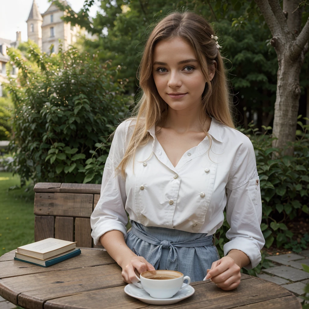 belle blonde assise à une table de café en plein air, (portant une tenue décontractée élégante, savourant une tasse de café avec un livre ouvert devant elle et une ambiance chaleureuse autour.), très détaillé, 21 ans, visage innocent, Cheveux ondulés naturels, yeux bleus, Haute résolution, chef-d&#39;œuvre, Meilleure qualité, détails complexes, Très détaillé, Netteté, Peau détaillée, Réaliste skin texture, texture, Yeux détaillés, professionnel, 4k, sourire charmant, tourné avec Canon, 85mm, faible profondeur de champ, Couleur de vision Kodak, corps parfaitement ajusté, extrêmement détaillé, Photo_\(ultra\), photoRéaliste, Réaliste, Post-traitement, Détails maximaux, rugosité, vrai vie, ultra Réaliste, photoréalisme, la photographie, 8k euh, la photographie