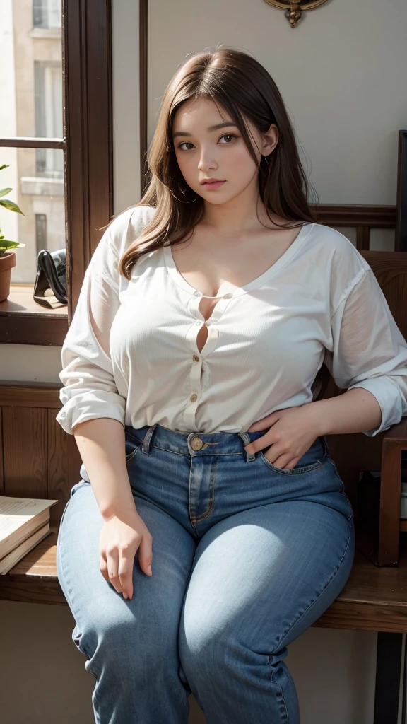 Femme très grosse, assise dans des coussins, Makima, bbwchan, cheveux rouges et yeux jaunes, double menton. Son gros bide sort de son pantalon, elle le carresse avec ses mains. Button pop. Elle porte un short en jean trop petit et un haut en dentelle, belle lumière sur elle, magnifique femme obese