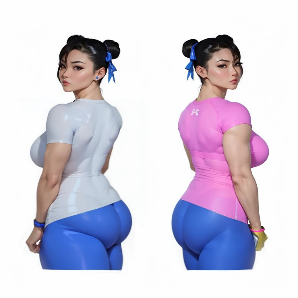 SF6 Chun-Li pose with both hand on hips booty at camera flaunting wearing Royal Blue shirt and thin grey Leggings thats the a exact same material as nitrile butadiene rubber gloves Thighs Buttocks Streetfighter Buruma Gravure shirt Japanese gym shoes pantyline 