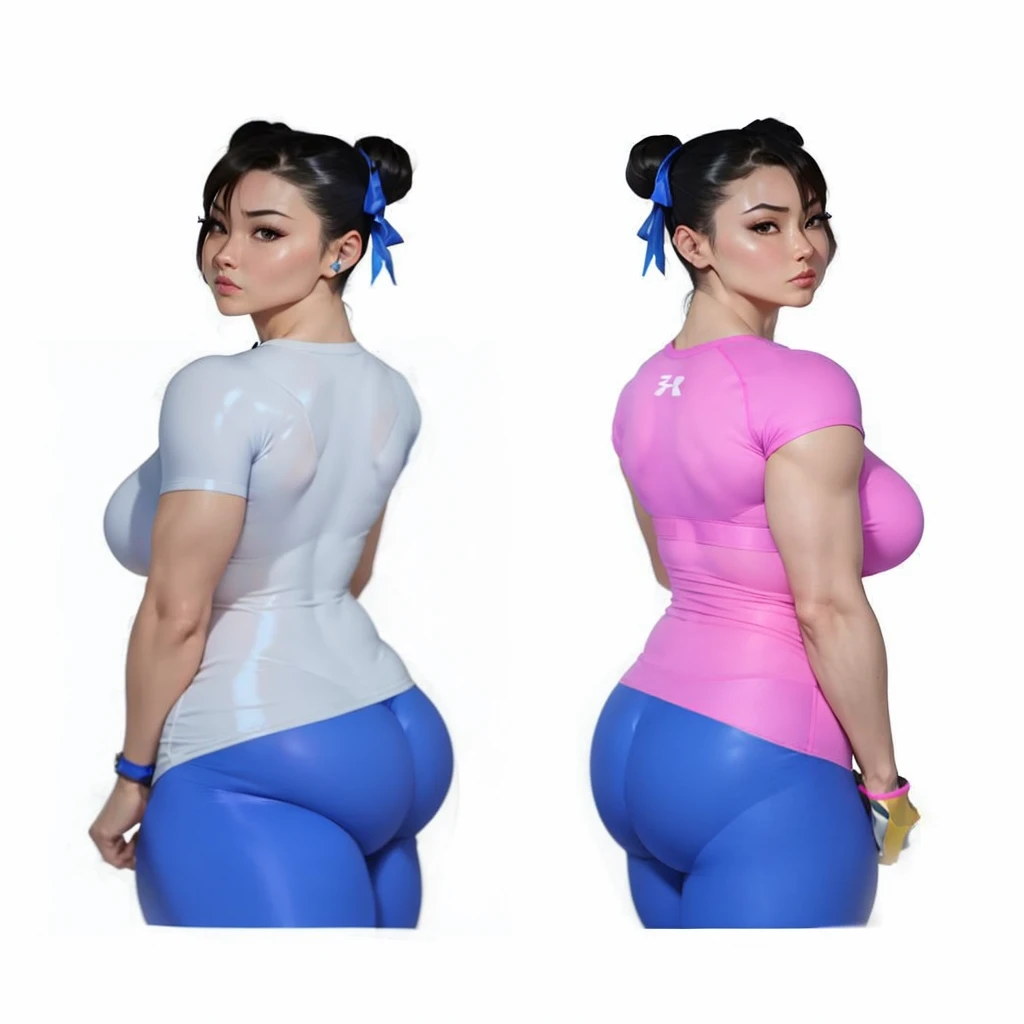 SF6 Chun-Li pose with both hand on hips booty at camera flaunting wearing Royal Blue shirt and thin grey Leggings thats the a exact same material as nitrile butadiene rubber gloves Thighs Buttocks Streetfighter Buruma Gravure shirt Japanese gym shoes pantyline