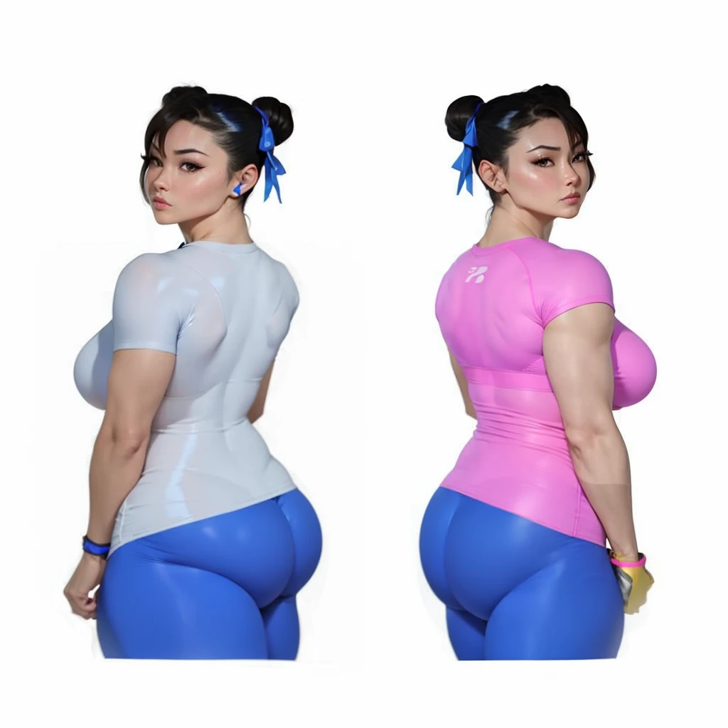SF6 Chun-Li pose with both hand on hips booty at camera flaunting wearing Royal Blue shirt and thin grey Leggings thats the a exact same material as nitrile butadiene rubber gloves Thighs Buttocks Streetfighter Buruma Gravure shirt Japanese gym shoes pantyline