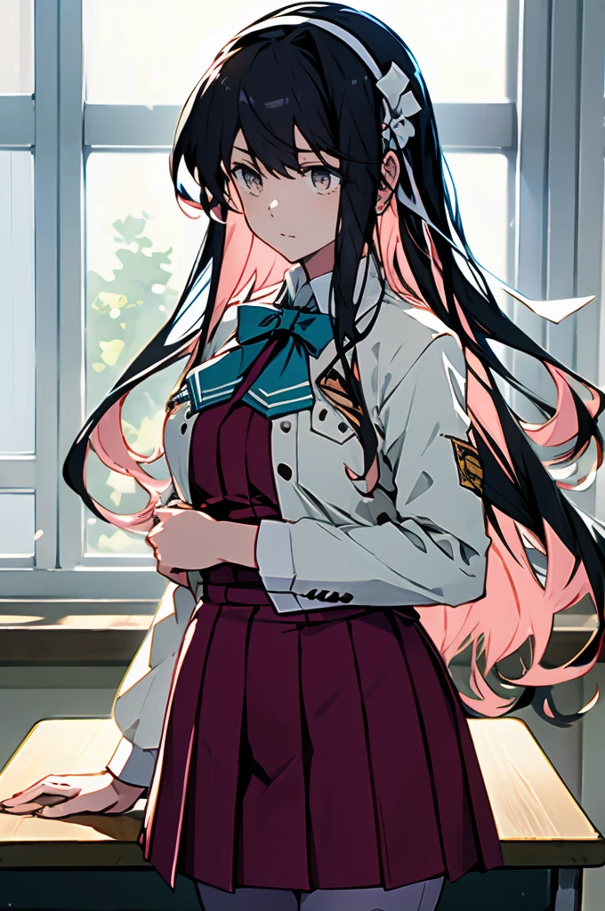 masterpiece, best quality, highres, hmngnm, naganami \(kancolle\), multicolored hair, white hairband, white jacket, purple dress, , grey pantyhose, aqua bowtie, long sleeves, cowboy shot, collared shirtdaytime、sunlight、classroom、school building、Schools in Japan、