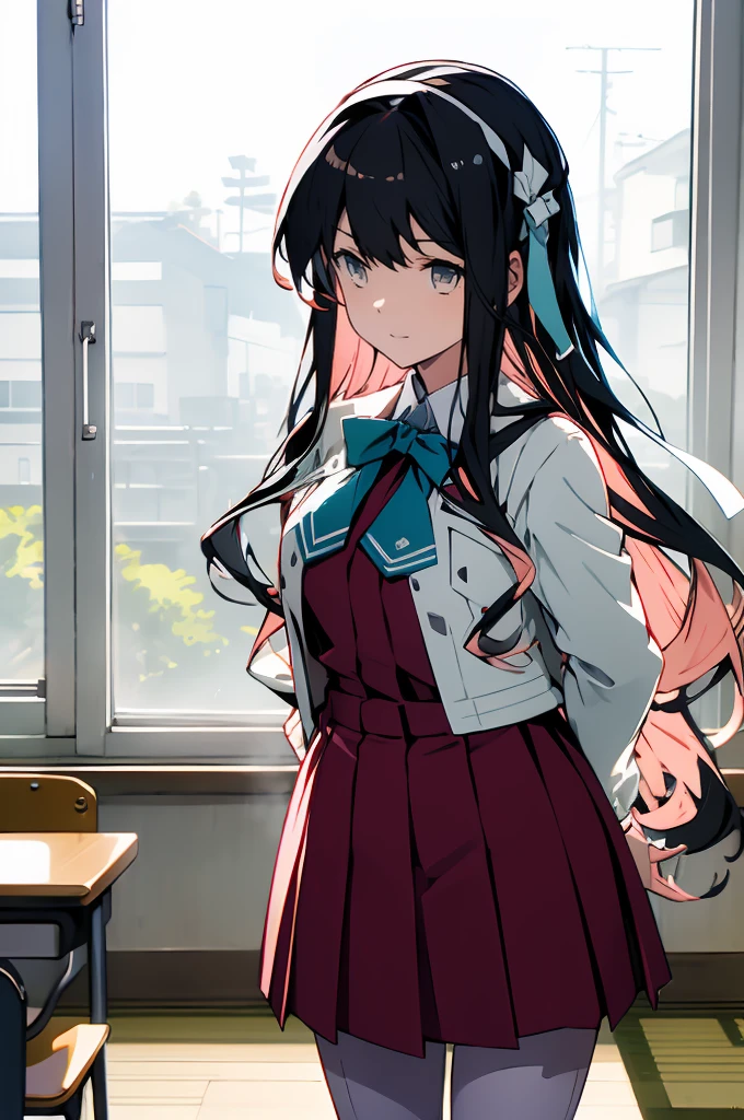 masterpiece, best quality, highres, hmngnm, naganami \(kancolle\), multicolored hair, white hairband, white jacket, purple dress, , grey pantyhose, aqua bowtie, long sleeves, cowboy shot, collared shirtdaytime、sunlight、classroom、school building、Schools in Japan、