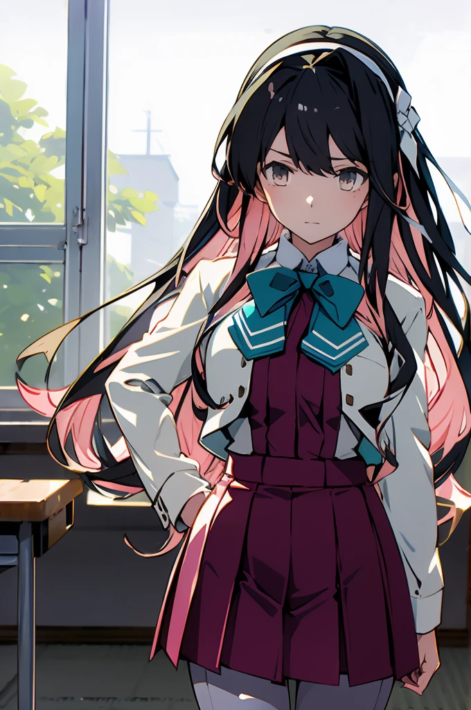 masterpiece, best quality, highres, hmngnm, naganami \(kancolle\), multicolored hair, white hairband, white jacket, purple dress, , grey pantyhose, aqua bowtie, long sleeves, cowboy shot, collared shirtdaytime、sunlight、classroom、school building、Schools in Japan、