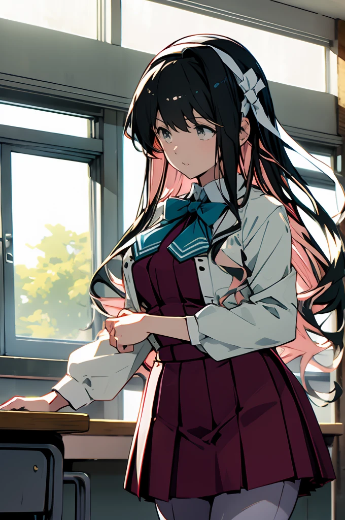 masterpiece, best quality, highres, hmngnm, naganami \(kancolle\), multicolored hair, white hairband, white jacket, purple dress, , grey pantyhose, aqua bowtie, long sleeves, cowboy shot, collared shirtdaytime、sunlight、classroom、school building、Schools in Japan、