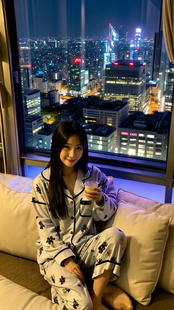 25 years old, Japanese woman, beautiful, pajamas, sitting on sofa, Tokyo night view from window