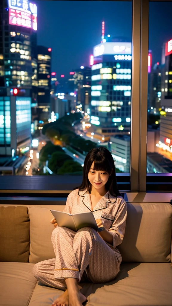 25 years old, Japanese woman, beautiful, pajamas, sitting on sofa, Tokyo night view from window