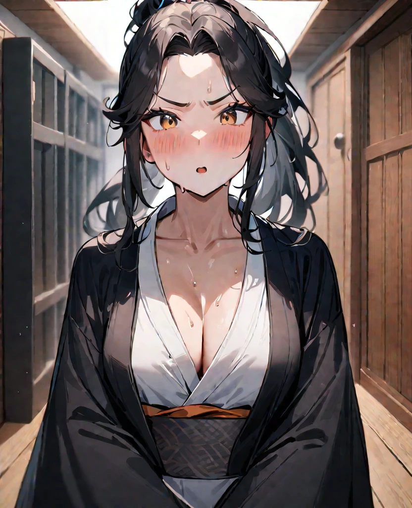 masterpiece, Highest quality, so beautiful, Absurd, Latest, One Girl, Unbuttoned kimono,chest,panties,Sweat,Inn changing room, alone, shout, v eyebrows, Black Hair, View your audience, ponytail, Long Hair, sword, kimono, arms, Similarly, blush,hair ornaments, bangs, Shine