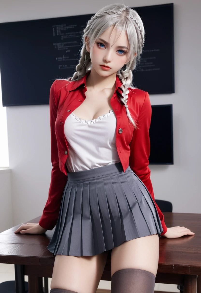 "1 girl, incredibly detailed 8k computer graphics, perfect model, mesmerizing idol, Stunning face, unearthly beauty, virgin white hair, ring braids, Charming Blue Eyes, Kakegurui , red blazer, White shirt, pleated gray skirt, brown tights, sat on the table , whole body, legs spread, pussy visible, thong mesh, unbutton your shirt, bare chest, Background room, maximally depraved