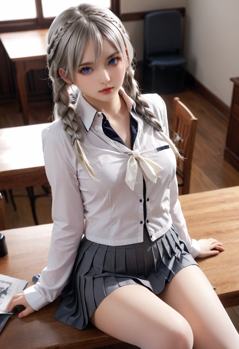 "1 girl, incredibly detailed 8k computer graphics, perfect model, mesmerizing idol, Stunning face, unearthly beauty, virgin white hair, ring braids, Charming Blue Eyes,  Kakegurui ,  red blazer, White shirt, pleated gray skirt,  brown tights, sat on the table  , whole body, legs spread, pussy visible, thong mesh, unbutton your shirt, bare chest, Background room, maximally depraved