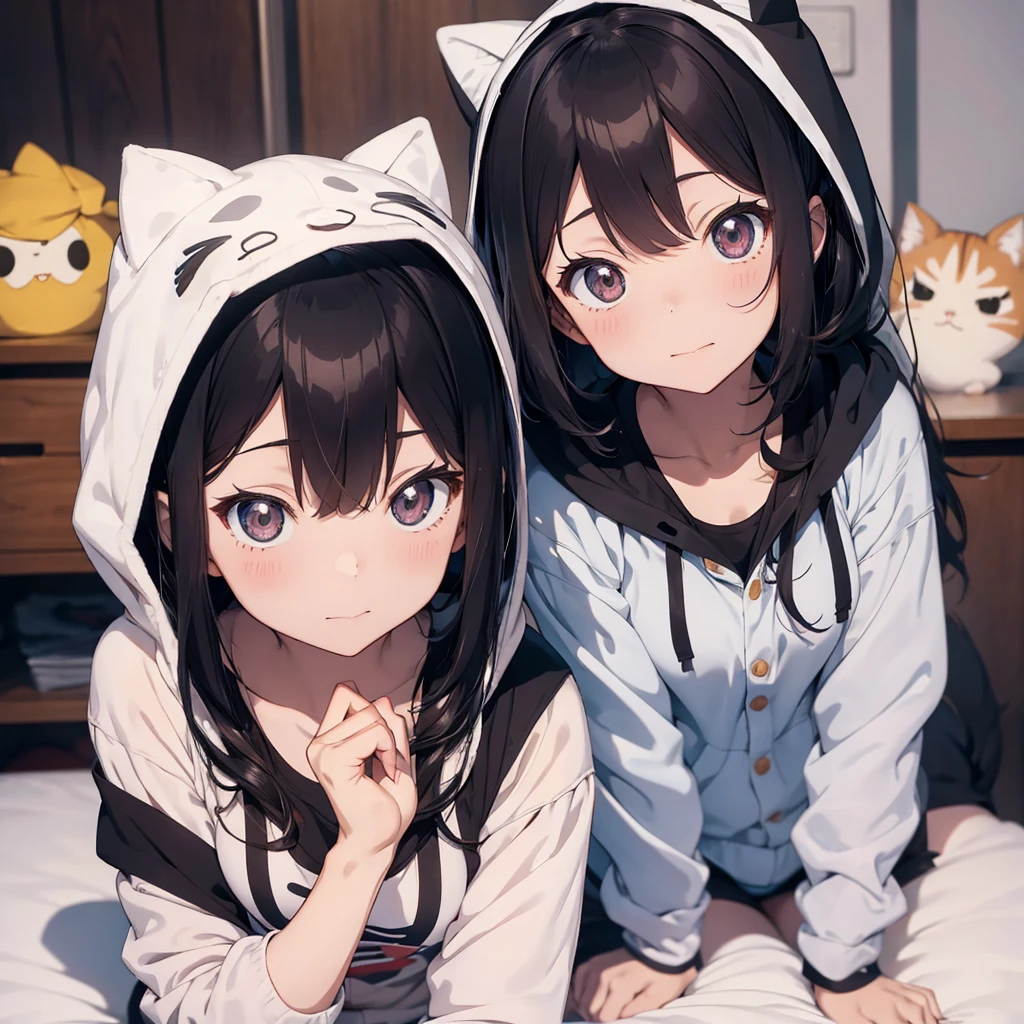 2 anime girls wearing a cat pajama with hoods on and 1 anime girl wearing a dog pajama with hood on in a cute pose in bed, looking up directly at the camera in an almost bird's eye view. 