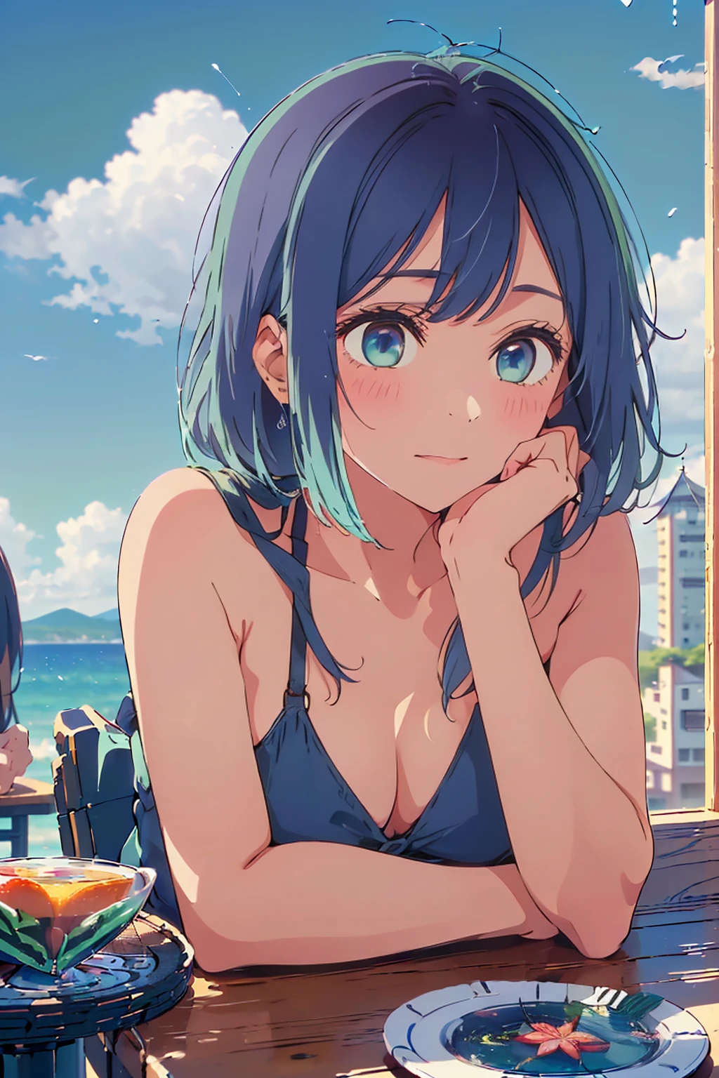 (Highest quality:1.4、masterpiece:1.4、Super detailed:1.4、8K:1.4)、F cup bust、Big Breasts、Slim body、((((1 person、Surprised expression、sit、Chair、In the background are the urban buildings of Tokyo、looking at the camera、Outdoor café terrace、coastal、Navy hair color、juice、Close-up shot taken at an angle、table、Very cute face))))、(Pose of putting hair behind ears with hands:1.4、Cheek resting on hand:1.4）、((nude、Areola、bikini size too small))、Very blue sky、A completely cloudless sky、Big eyes、((((Shallow depth of field))))