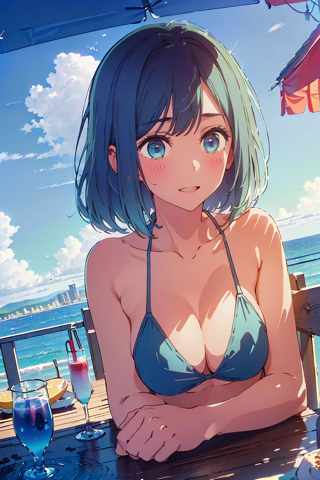 (Highest quality:1.4、masterpiece:1.4、Super detailed:1.4、8K:1.4)、F cup bust、Big Breasts、Slim body、((((1 person、Surprised expression、sit、Chair、In the background are the urban buildings of Tokyo、looking at the camera、Outdoor café terrace、coastal、Navy hair color、juice、Close-up shot taken at an angle、table、Very cute face))))、(Pose of putting hair behind ears with hands:1.4、Cheek resting on hand:1.4)、((nude、Areola、bikini size too small))、Very blue sky、A completely cloudless sky、Big eyes、((((Shallow depth of field))))