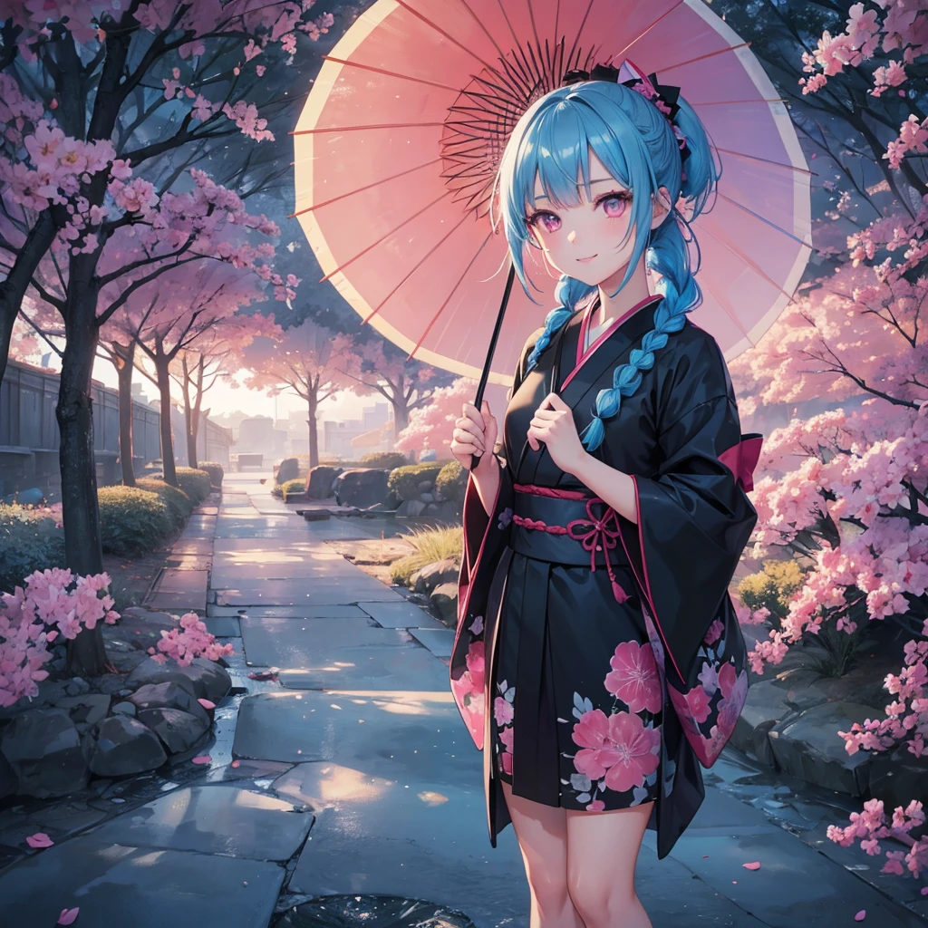sky Blue hair, (braided ponytail),(pink eyes),fair skin ,(full body),(1 girl),smile,Straight Bangs,(masterpiece, best quality, ultra-detailed, best shadow), (detailed background), (beautiful detailed face), high contrast, (best illumination, an extremely delicate and beautiful), ((cinematic light)), colorful, hyper detail, dramatic light, intricate details,rain shower,kyoto,Japanese Umbrella,black kimono,