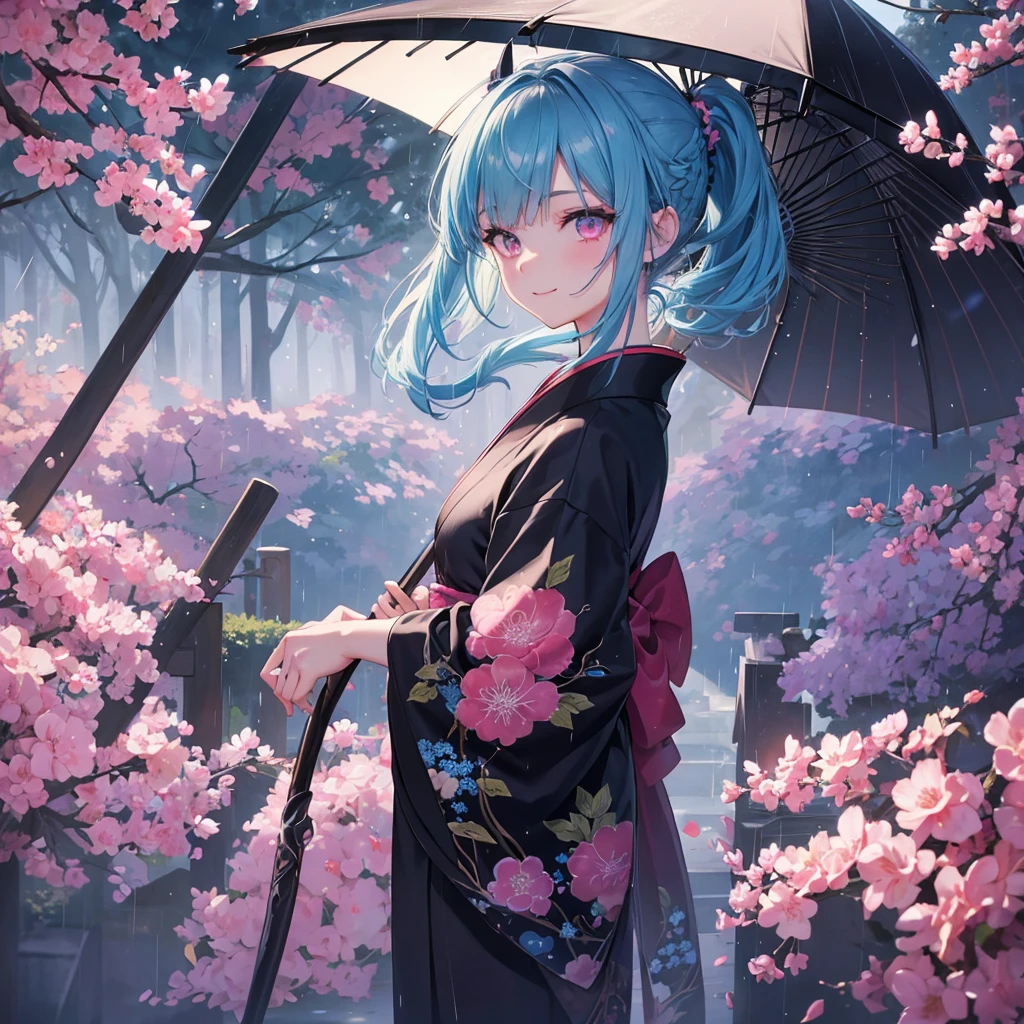 sky Blue hair, (braided ponytail),(pink eyes),fair skin ,(full body),(1 girl),smile,Straight Bangs,(masterpiece, best quality, ultra-detailed, best shadow), (detailed background), (beautiful detailed face), high contrast, (best illumination, an extremely delicate and beautiful), ((cinematic light)), colorful, hyper detail, dramatic light, intricate details,rain shower,kyoto,Japanese Umbrella,black kimono,