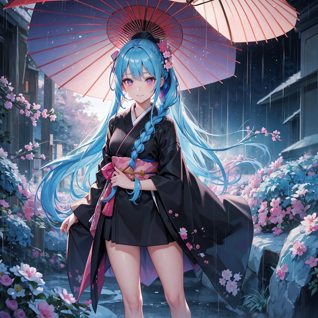 sky Blue hair, (braided ponytail),(pink eyes),fair skin ,(full body),(1 girl),smile,Straight Bangs,(masterpiece, best quality, ultra-detailed, best shadow), (detailed background), (beautiful detailed face), high contrast, (best illumination, an extremely delicate and beautiful), ((cinematic light)), colorful, hyper detail, dramatic light, intricate details,rain shower,kyoto,Japanese Umbrella,black kimono,