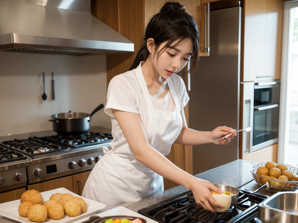 Cooking scene frying croquettes. Asian woman in her 20s is frying in the kitchen. Remove abnormal or anatomically ill-fitting fingers and express them naturally.