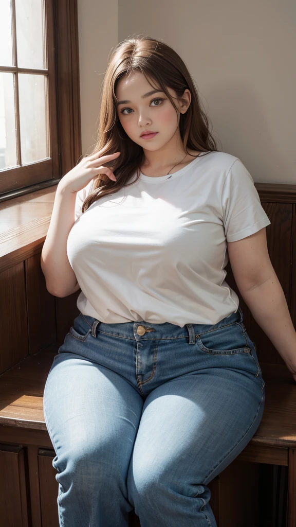 Femme très grosse, assise dans des coussins, Makima, bbwchan, cheveux rouges et yeux jaunes, double menton. Son gros bide sort de son pantalon, elle le carresse avec ses mains. Button pop. Elle porte un short en jean trop petit et un haut en dentelle, belle lumière sur elle, magnifique femme obese