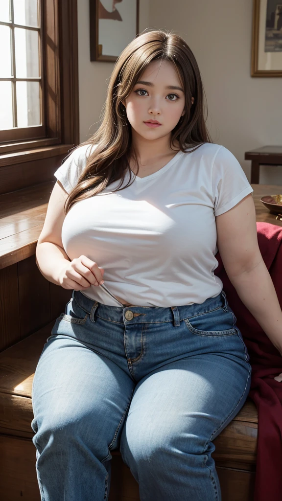 Femme très grosse, assise dans des coussins, Makima, bbwchan, cheveux rouges et yeux jaunes, double menton. Son gros bide sort de son pantalon, elle le carresse avec ses mains. Button pop. Elle porte un short en jean trop petit et un haut en dentelle, belle lumière sur elle, magnifique femme obese