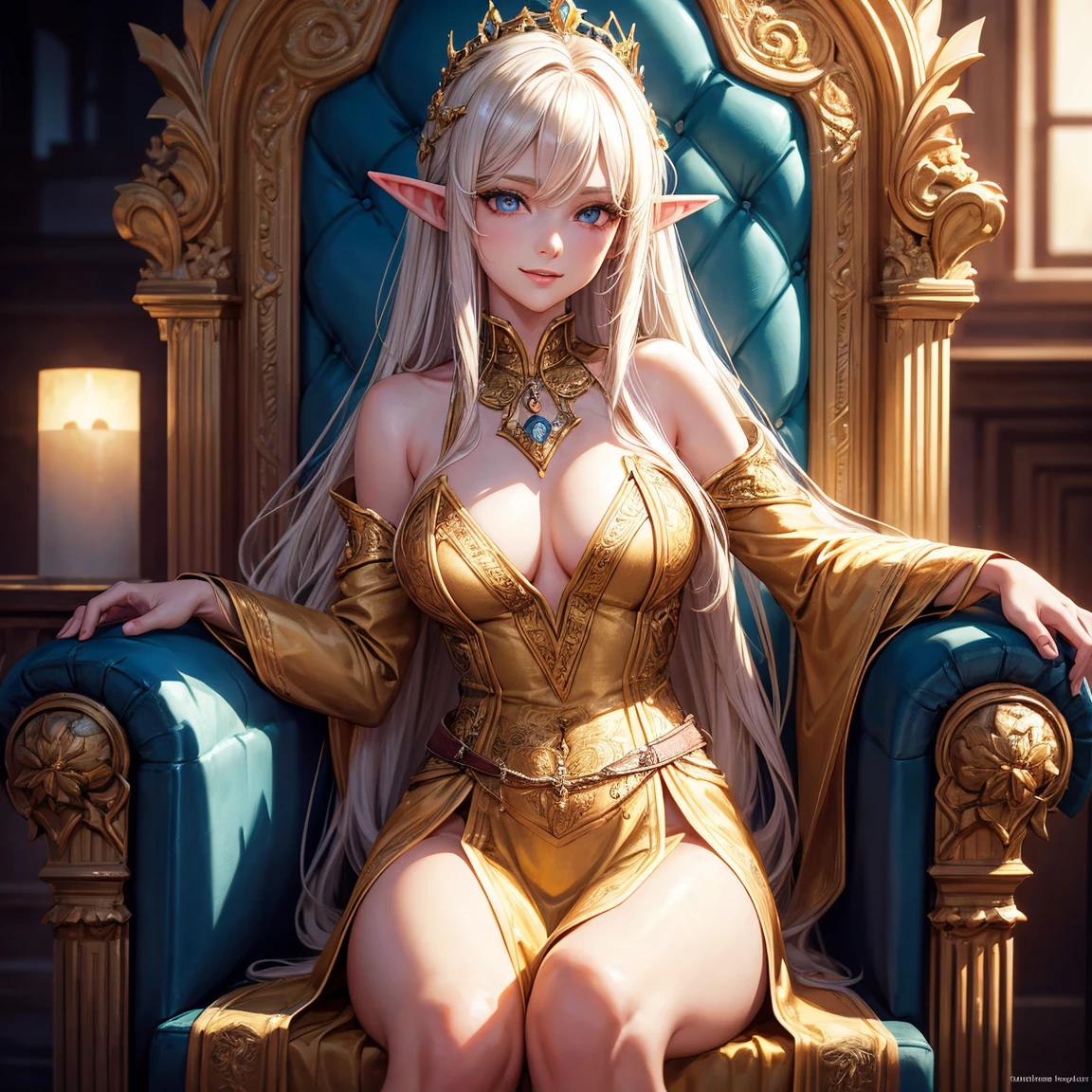 a woman, 1girl, elf, long golden hair, small breasts, long pointed ears, yellow eyes!!!, smiling face, sexy white tunic, deep neckline, crown on the head, sitting on a throne, manor, very sexy body, detailed face, beautiful detailed eyes, beautiful detailed lips, extremely detailed eyes and face, long eyelashes, detailed clothing, intricate details, highly detailed, photo realistic, 8k, best quality, masterpiece, cinematic lighting, dramatic lighting, vibrant colors, fantasy, digital art, concept art