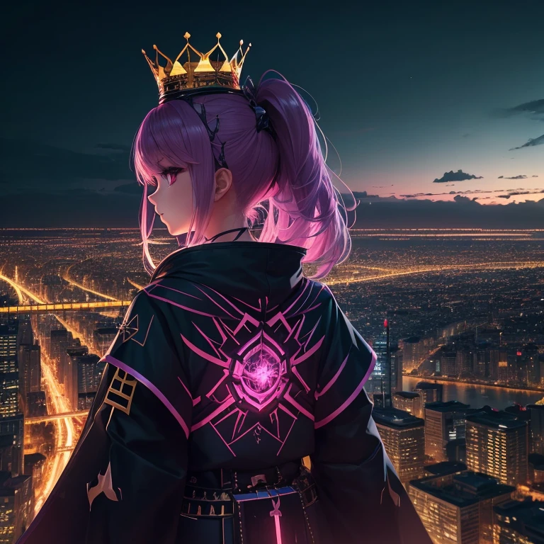 A bright environment with a city that is a little dark and as if it were a landscape 8k and a girl looking straight ahead with a flashy outfit 8k and a shiny crown 8k on top of her head and she is an anime character 8k