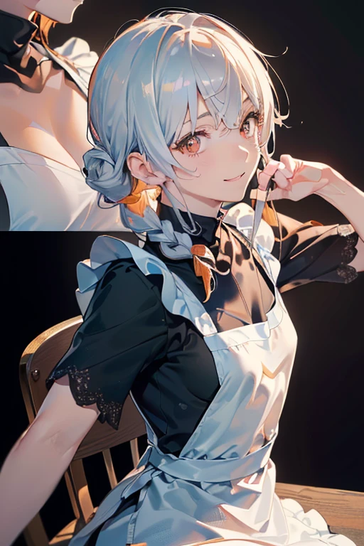 (A masterpiece of image quality in 8K),(from below:1.2),(Beautiful Allafed Woman),(((emphasizing breasts:1.0))),(Dynamic angles),(Dynamic and sexy bending pose:1.3),(sit a chair:1.3),(Short hair in shiny silver and orange inner colors,(perky chest:1.1), (pointed chest:1.3),small full breasts,Disturbance of clothing due to movement,breast slip,(Ponytail twisted buns adorned with elaborate braids and beads,Braided Setup Fishbone Hair,),(see-through bangs),small breasts、(((A white lace apron that shows your bare skin from under your small breasts)))、Blush with embarrassment、Enraptured eyes、A smile that beguiles the viewer、(Look back:1.2)、Look into the photographer,skin glistening with sweat,gazing at viewer,,(Professional Lighting),(8K,masutepiece,top-quality,Ultra-high resolution output image,),(Ultra HD with complex detail image modes),depth of fields,Beautiful hands,Beautiful fingers,Detailed finger features,(Detailed hair features:1.7),detailed facial features,detailed clothes features,