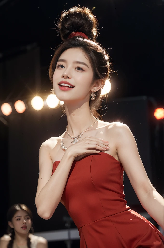 (((best quality))),(((ultra detailed))),(((masterpiece))),illustration, 1girl,singer,solo,short ponytail,open mouth,laughing,slim,thin,flat chest,small breasts,earrings,necklace,Maxi gorgeous sparkled red dress,slender legs,on the stage, performance, passion, confidence, elegance, lighting effects, decorations, audience, melodious voice, beautiful appearance, captivating performance,standing,upper body,from front
