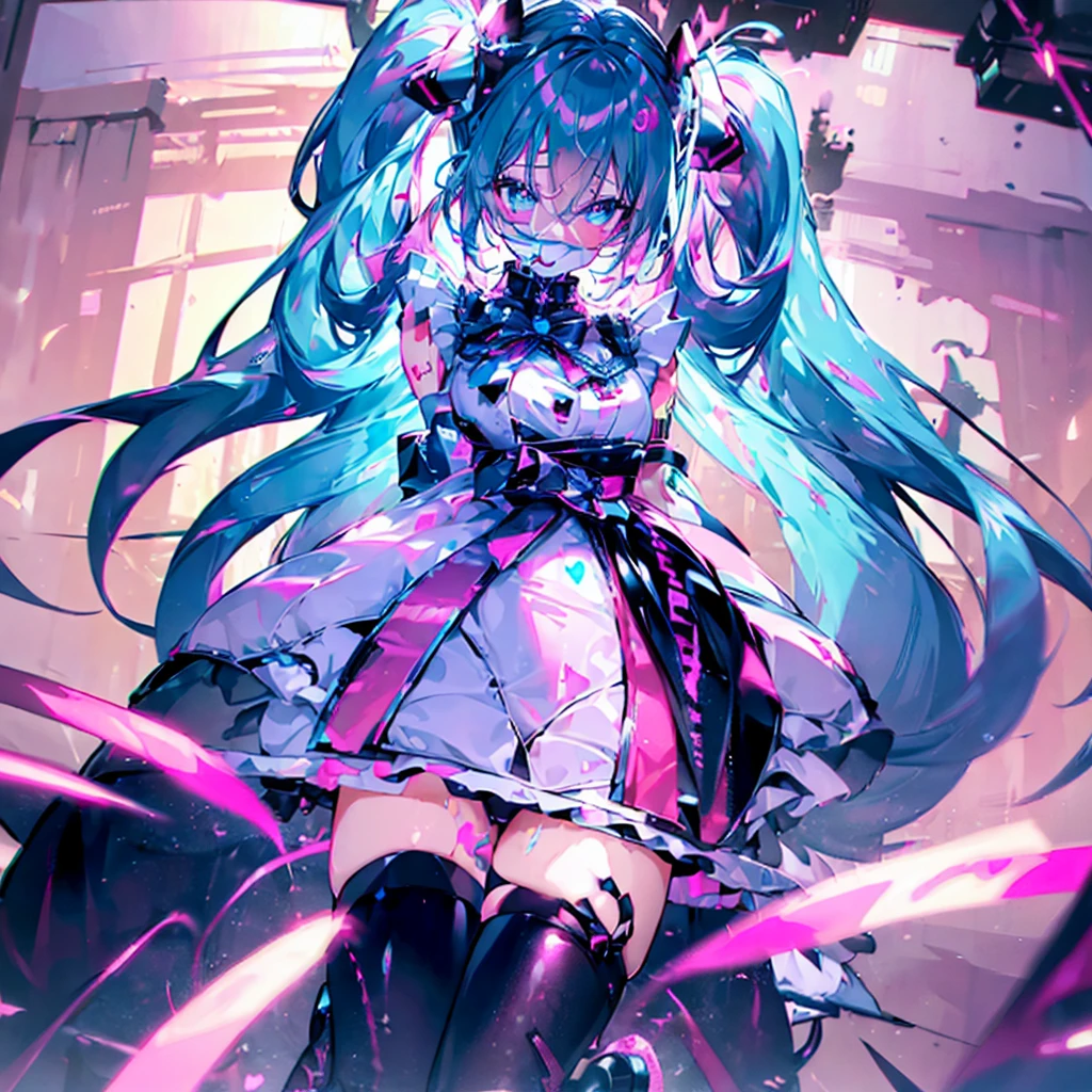(masterpiece,Super detailed,In 8K,Best Composition,Moody lighting,Photorealistic,Dynamic Shot:1.5),hatsune miku,,Adult sexy body,Light blue twin tails,,Double teeth,A small pink heart on her cheek,Pink and black gothic fashion,Jirai fashion with very delicate details,Black platform high boots,Beautiful long legs,Beautiful big ,Nipples,pussy,Lots of neon lights,ahegao, ((Heart-shaped pupils)), ((Sexy pose)) , saliva trail, full-face blush, Detailed super oily shiny skin, , , orgasm, , , arched back, , torogao, ahegao, BREAK, pink neon, Dramatic lighting, psychedelic, Clear liquid, Oculogyric crisis, night, dark church background, Female masturbation, colorful, neon disco
