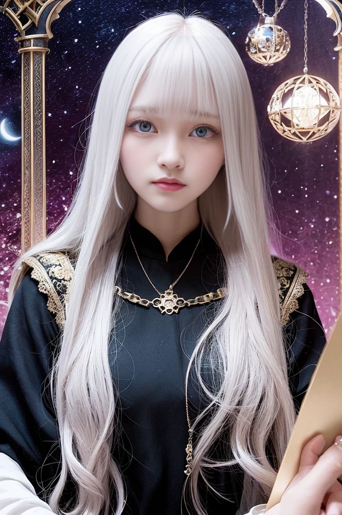 Mysterious woman doing tarot reading,Tarot Reading,cute face,Blunt bangs, Straight hair, Shiny hair,Medieval mystery clothes,Mysterious fortune teller,Mysterious hermit,White Magician,magical lights,albino,Red Eyes,Red glowing eyes,Magical powers,