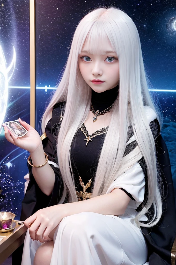 Mysterious woman doing tarot reading,Tarot Reading,cute face,Blunt bangs, Straight hair, Shiny hair,Medieval mystery clothes,Mysterious fortune teller,Mysterious hermit,White Magician,magical lights,albino,Red Eyes,Red glowing eyes,Magical powers,