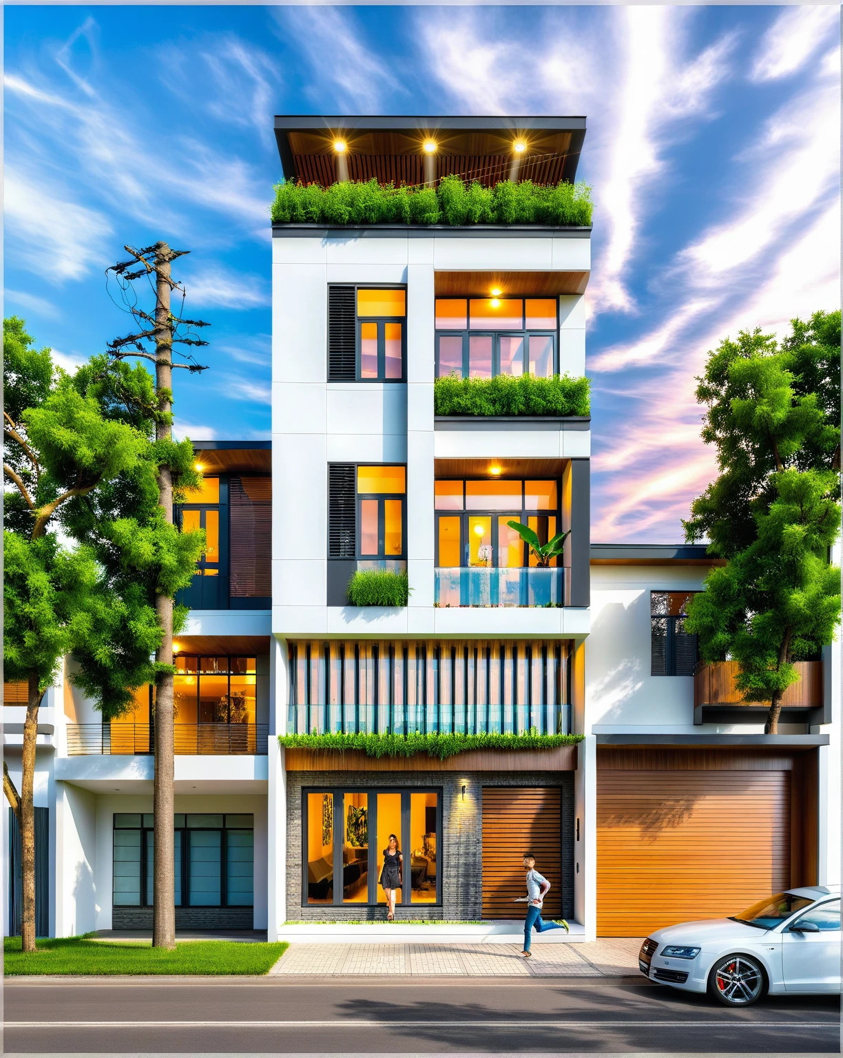 Masterpiece, high quality, best quality, authentic, super detail, outdoors, house style modern, bietthuhn, white wall, glass windows, gate road, pavement, grass, trees, Beautiful_sky, SUNSET, (day:1.1), realistic lighting