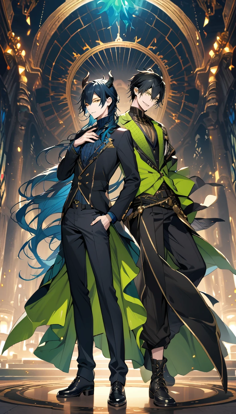 (pieces fly), (highest quality), very detailed, ((two men)), perfect face, beautiful face, very detailed face，full body shot, (black haired man:1.3)，(blue haired man:1.3)，suit，shirt，smile，flower, (1st boy,Idia Shroud, bishounen, boy, male, extremely long hair, blue hair, blue fire hair, wavy hair, yellow eyes, tired expression, blue lips, handsome, skinny, geeky, blue glow, shark teeth,) (2nd boy, malleus draconia \(twisted wonderland\) horns, bishounen, boy, male, long hair, black hair, yellow green eyes, smile, gray lips, handsome, skinny, tall, yellow green glow,)  Two men are hugging each,