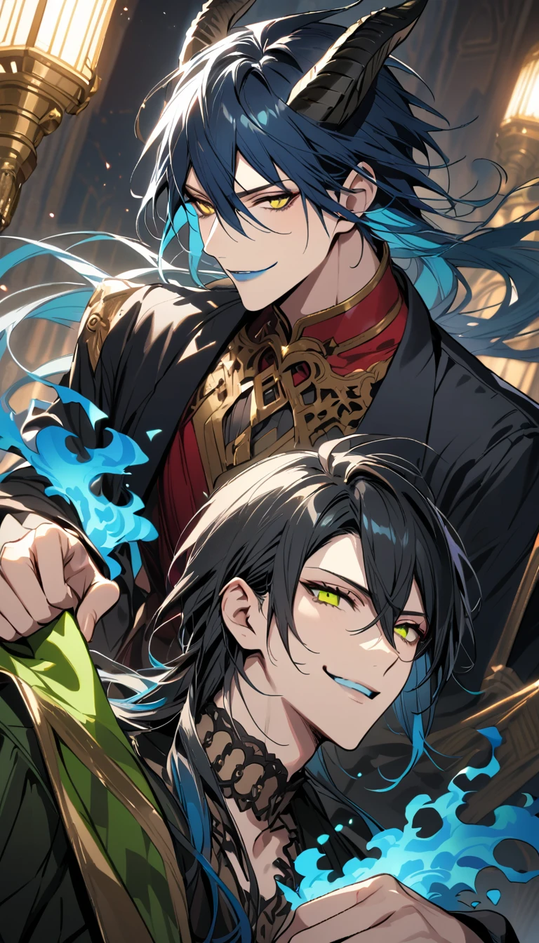 (pieces fly), (highest quality), very detailed, ((two men)), perfect face, beautiful face, very detailed face,full body shot, (black haired man:1.3),(blue haired man:1.3),suit,shirt,smile,flower, (1st boy,Idia Shroud, bishounen, boy, male, extremely long hair, blue hair, blue fire hair, wavy hair, yellow eyes, tired expression, blue lips, handsome, skinny, geeky, blue glow, shark teeth,) (2nd boy, malleus draconia \(twisted wonderland\) horns, bishounen, boy, male, long hair, black hair, yellow green eyes, smile, gray lips, handsome, skinny, tall, yellow green glow,) Two men are hugging each,