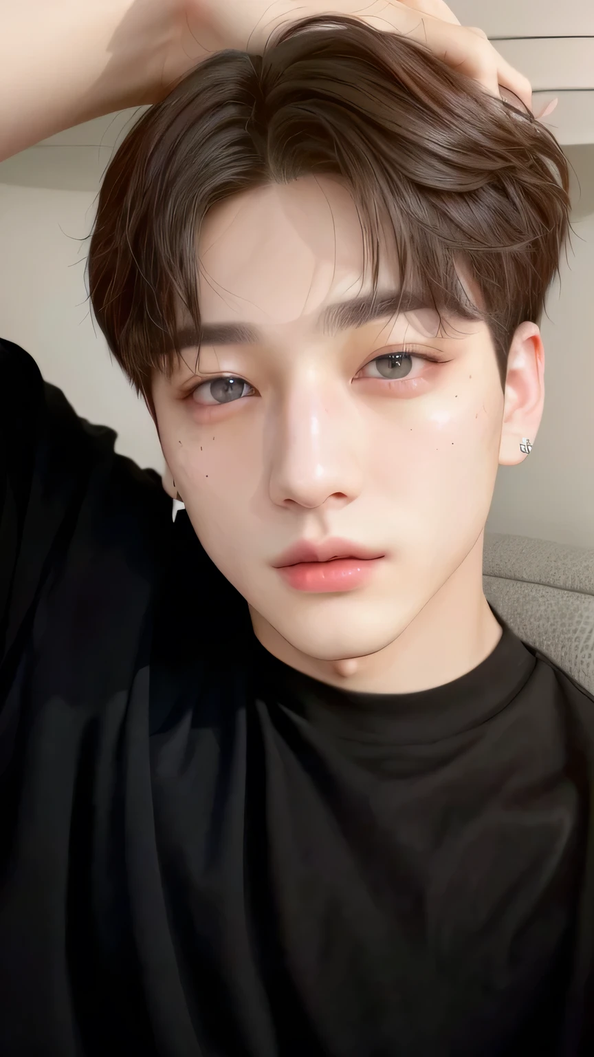 There is a man in a black shirt and a black shirt, pale korean adorable face, jeon Jungkook, jungkook\full lips, inspirado en jeon Jungkook, clear and intriguing and penetrating eyes, captured on canon eos r 6, jungkook, Jimin, inspirado en jeon Jungkook, pale man with freckles and detailed blue eyes, jeon Jungkook con piercings,  black haired jungkook, jungkook\full lips, very very low quality image, Jeon jungkook, pale korean adorable face. Man with detailed gray eyes. pink lips. jungkook con pecas y piel pálida, well detailed. 