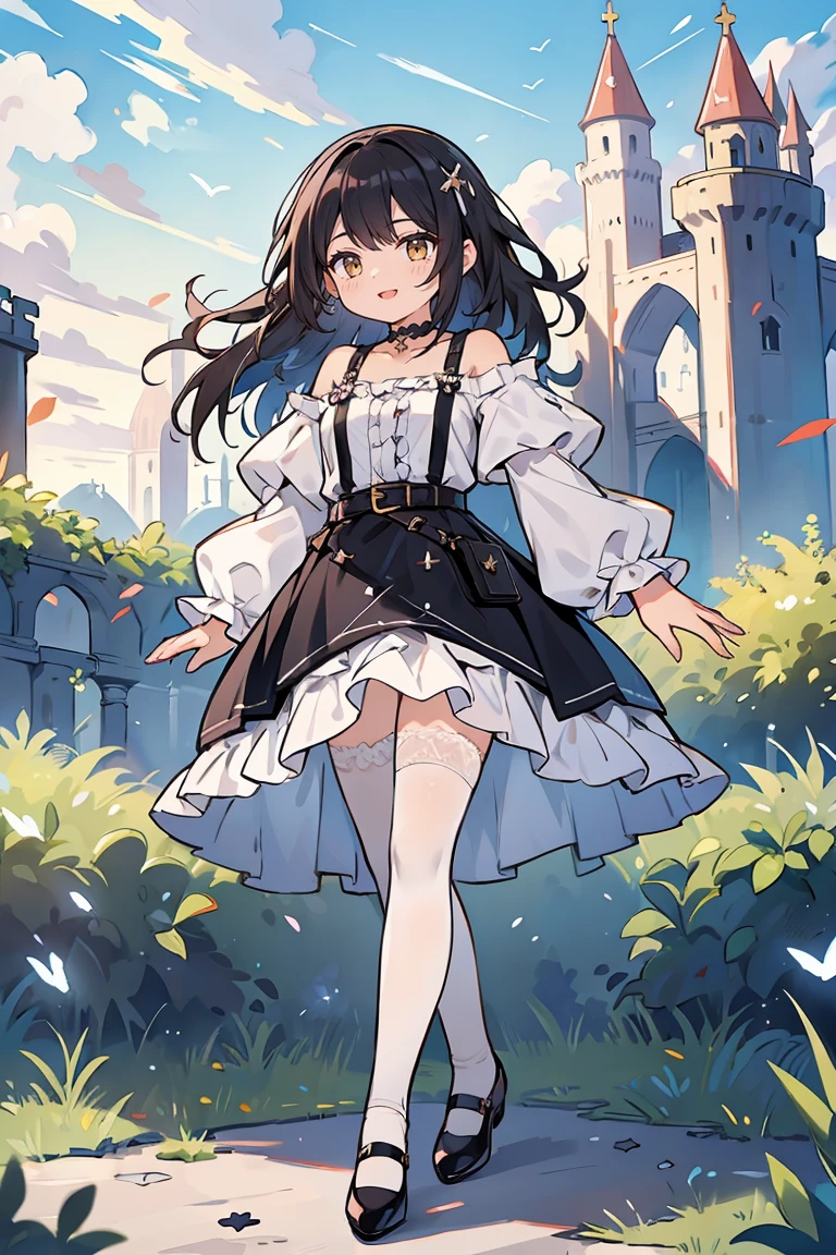1 girl, solo, full body, standing, background with((fantasy world, ruins, fort, beautiful sky, shining sky, sunshine, castle:1.55)), girl with(((medium hair, long hair, one side up:1.55), (perfect hands, five fingers:1.55), (camisoles, suspenders, belt, blue clothes, cross, choker, collarbone, dress, wind blowing dress, lace dress, frills camisoles, off-shoulder sleeves, half-sleeves, black pumps, black footwear:1.55), ((white legwear, single legwear:1.55)))
