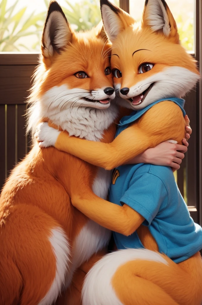 Fox and Manga with happy faces hugging each other Disney pixar