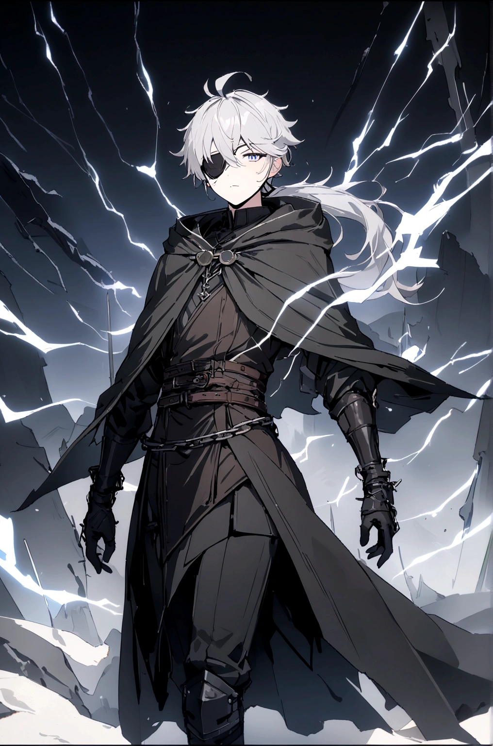 Anime character. A man, he was medieval. 27 years old, large body, cold gaze, cold expression, white skin, short and messy gray hair, ponytail, left eye patch, black clothes, black shirt, dark cape with hood, several chains. frontal camera. Walking under the red moonlight. White electricity emanating from his body, black electricity emanating from his left hand. Iris of the right eye glowing white. Thunderous white lightning. (best quality, 4k, 8k, high resolution, masterpiece: 1.2)