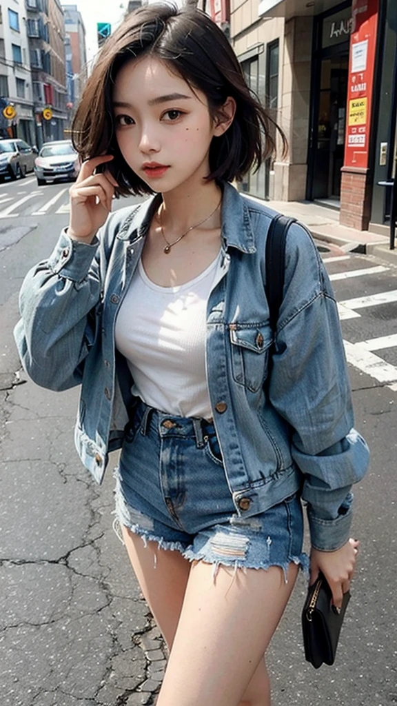 Beautiful woman, Fiddling with your phone in the middle of the street, short clothes