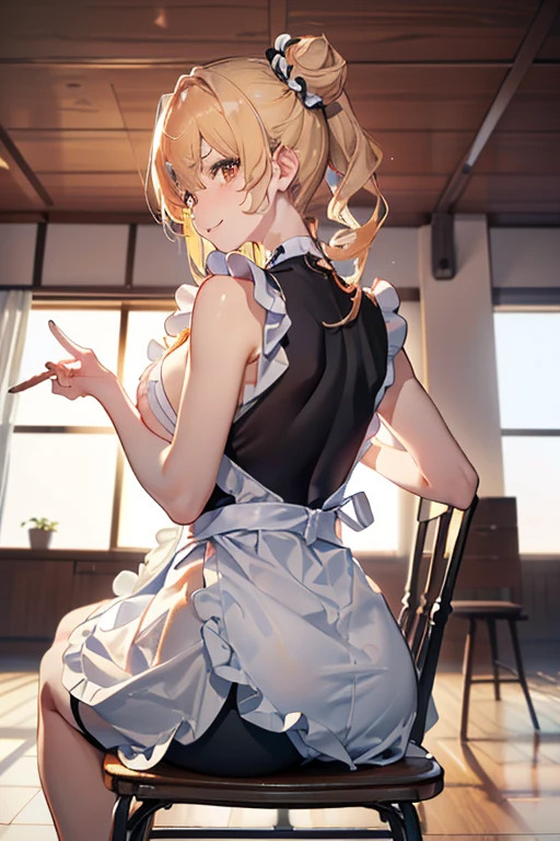 (A masterpiece of image quality in 8K),(from below:1.2),(Beautiful Allafed Woman),(((emphasizing breasts:1.0))),(Dynamic angles),(Dynamic and sexy bending pose:1.3),(sit a chair:1.3),(Short hair in shiny silver and orange inner colors,(perky chest:1.1), (pointed chest:1.3),small full breasts,Disturbance of clothing due to movement,breast slip,(Ponytail twisted buns adorned with elaborate braids and beads,Braided Setup Fishbone Hair,),(see-through bangs),small breasts、(((A white lace apron that shows your bare skin from under your small breasts)))、Blush with embarrassment、Enraptured eyes、A smile that beguiles the viewer、(Look back:1.2)、Look into the photographer,skin glistening with sweat,gazing at viewer,,(Professional Lighting),(8K,masutepiece,top-quality,Ultra-high resolution output image,),(Ultra HD with complex detail image modes),depth of fields,Beautiful hands,Beautiful fingers,Detailed finger features,(Detailed hair features:1.7),detailed facial features,detailed clothes features,