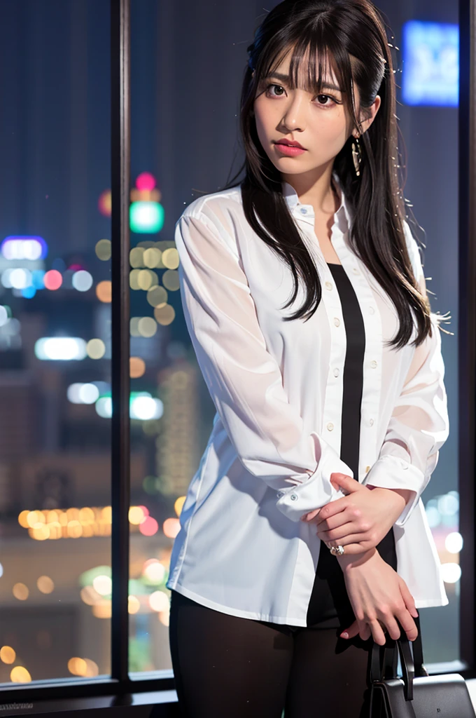 Nikon RAW photo,8 k,Fujifilm XT3,masterpiece, best quality, realistic, photorealistic,ultra detailed,1girl,solo,
close up portrait,
diamond stud earrings, long straight black hair, hazel eyes, serious expression, black blazer ,white shirt, white blouse, standing against a city skyline at night ,
saika1,