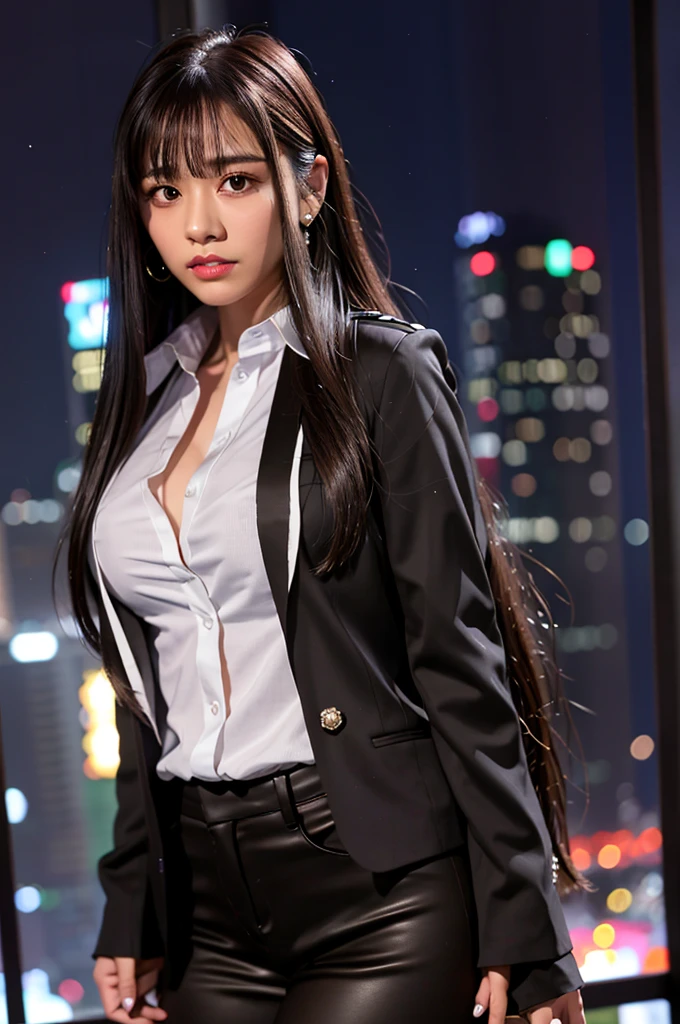 Nikon RAW photo,8 k,Fujifilm XT3,masterpiece, best quality, realistic, photorealistic,ultra detailed,1girl,solo,
close up portrait,
diamond stud earrings, long straight black hair, hazel eyes, serious expression, black blazer ,white shirt, white blouse, standing against a city skyline at night ,
saika1,